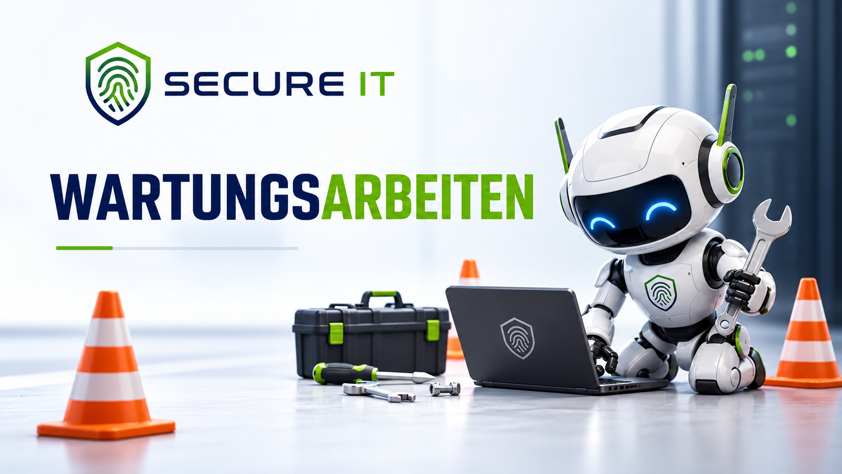 SECURE IT: Wartungsarbeiten. Ein Roboter arbeitet mit Werkzeug an einem Laptop.